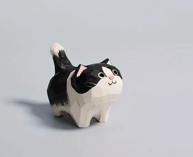 Hand Crafted Wooden Black & White Cat Ornament - Yellow