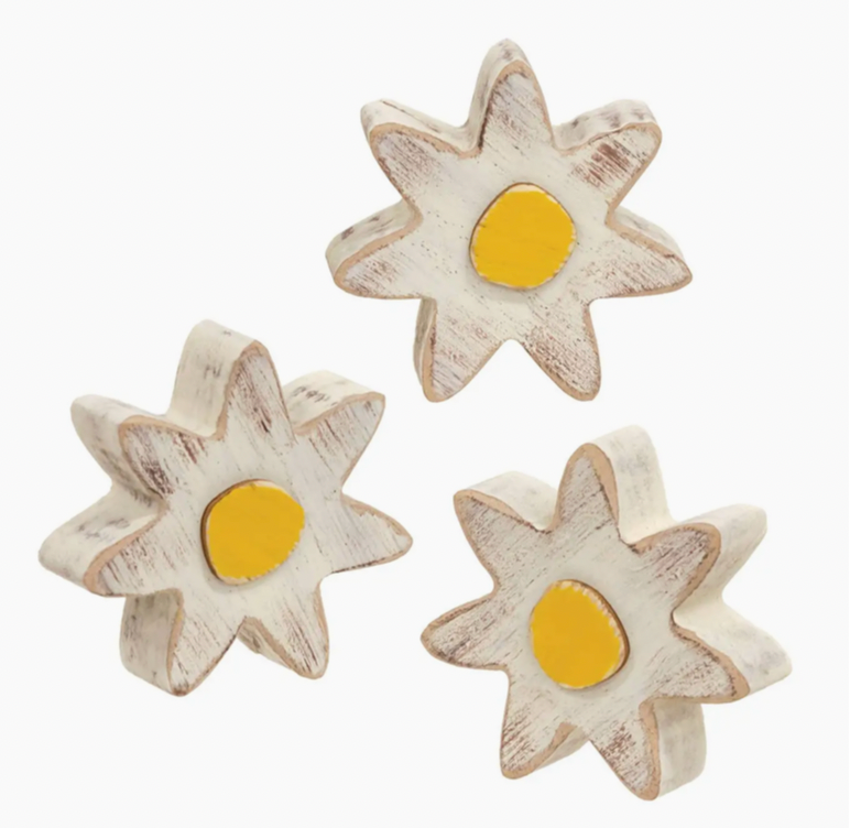 Distressed Chunky Wooden White Daisy Sitter (3-pc Set)
