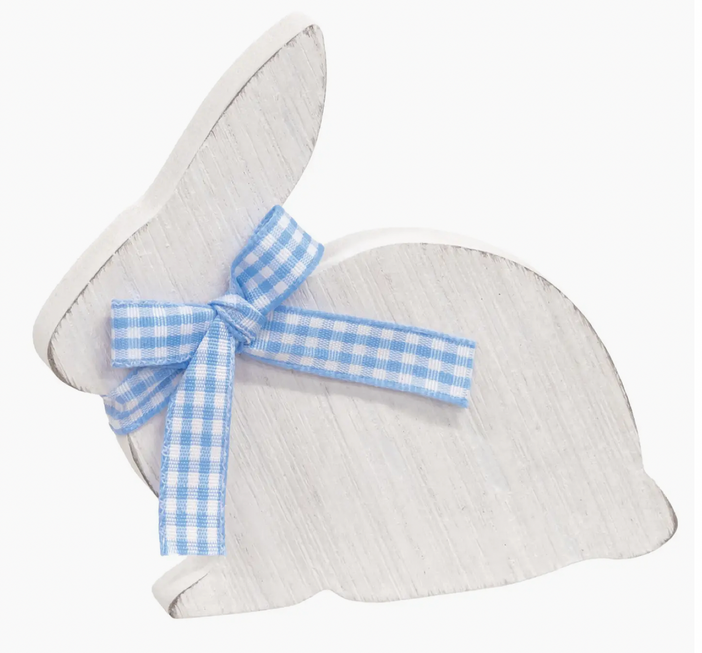 White Bunny Sitter W/Blue & White Buffalo Check Ribbon
