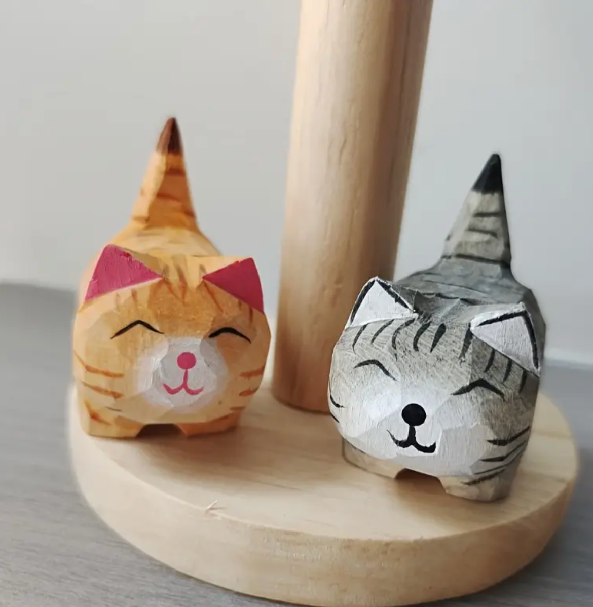 Hand Crafted Wooden Tabby Cat Figurines