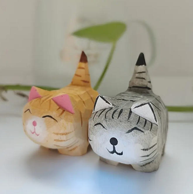 Hand Crafted Wooden Tabby Cat Figurines