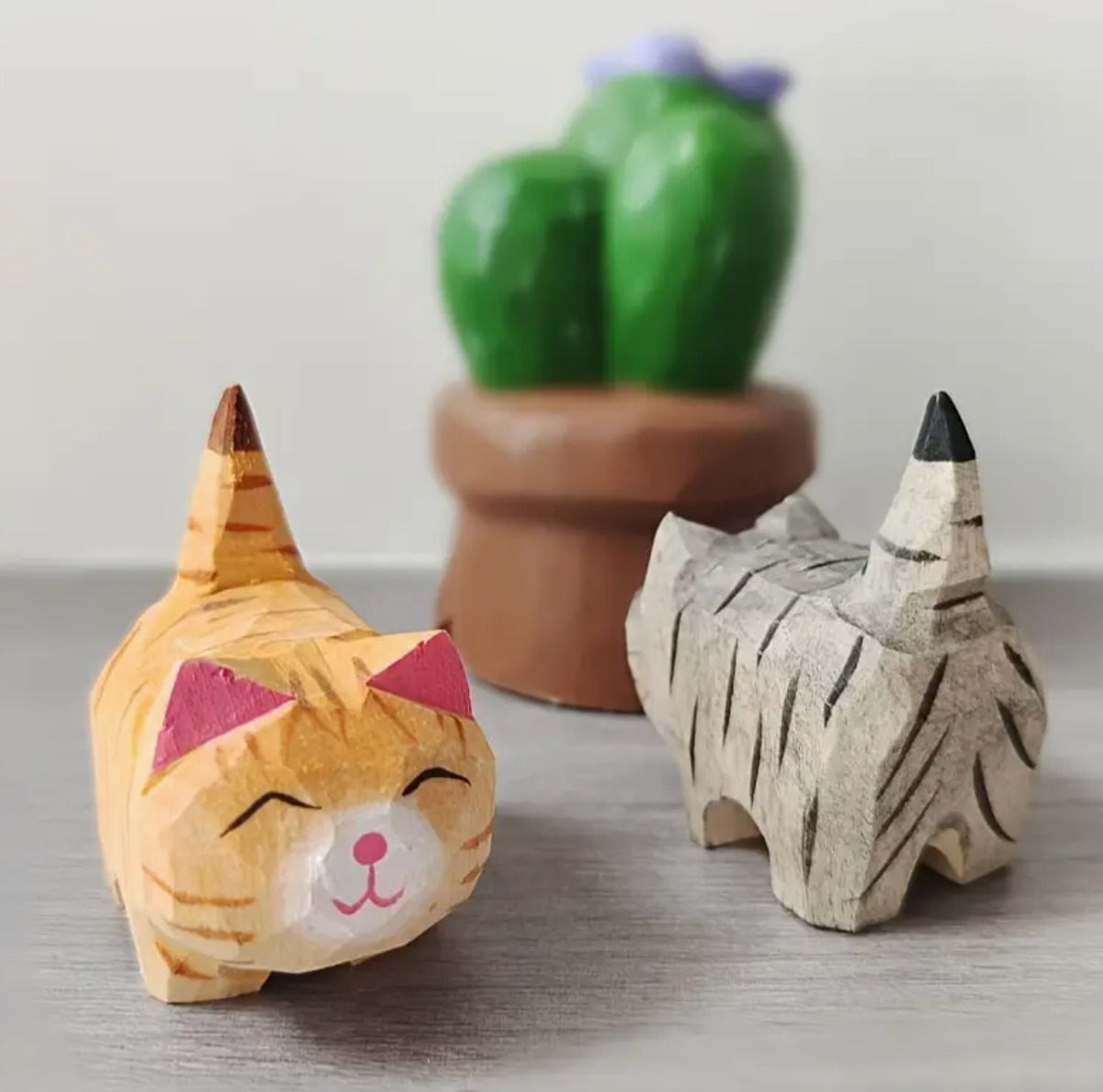Hand Crafted Wooden Tabby Cat Figurines