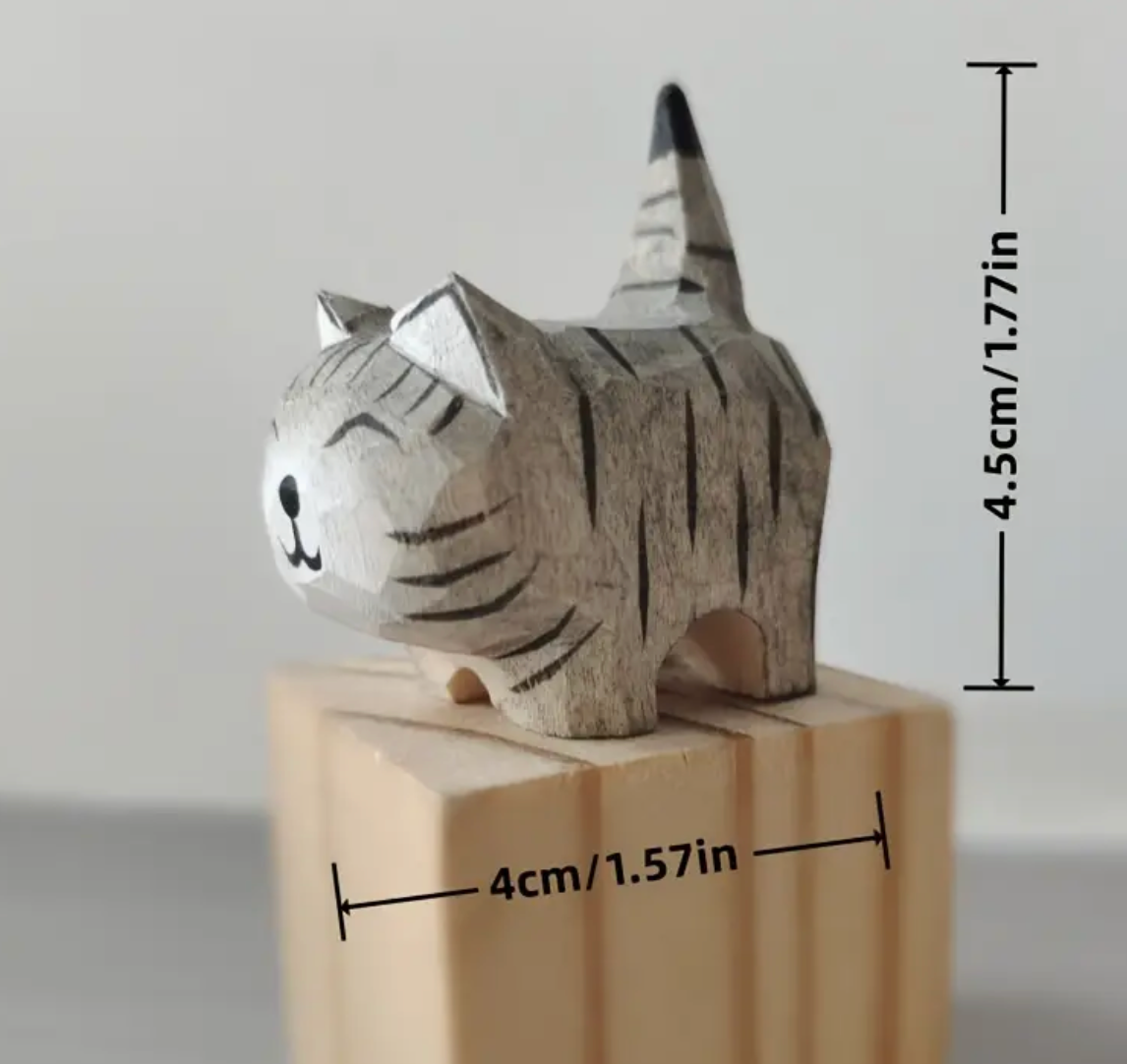 Hand Crafted Wooden Tabby Cat Figurines