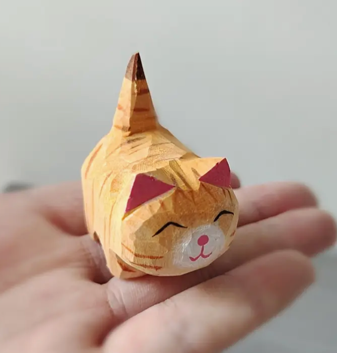 Hand Crafted Wooden Tabby Cat Figurines