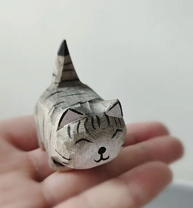 Hand Crafted Wooden Tabby Cat Figurines
