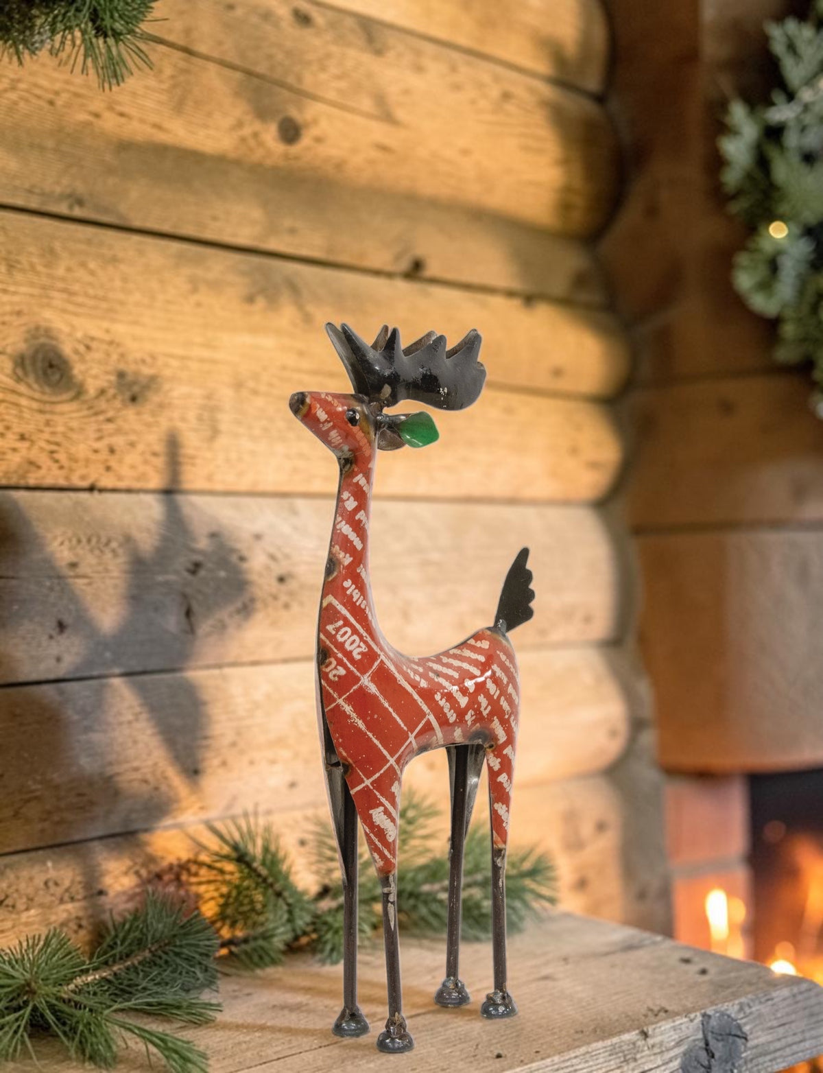 Recycled Metal Standing Red Reindeer