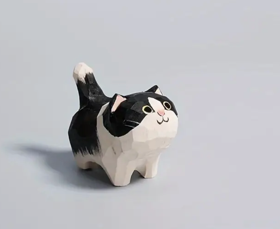 Hand Crafted Wooden Black & White Cat Ornament