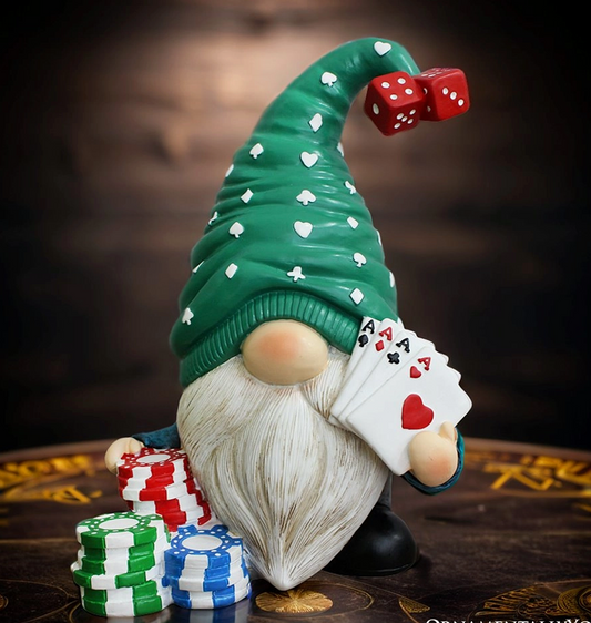 Casino Poker Gnome Figurine, 8" Room Table Decor Statue