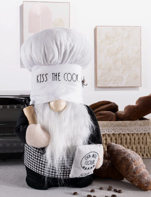 Rae Dunn “Kiss the Cook” Plush Baker Gnome with Rolling Pin
