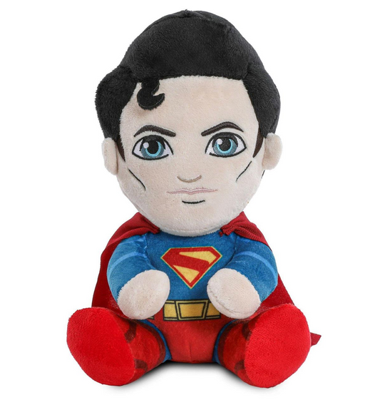 Plush toy of a character in Superman costume on a white background