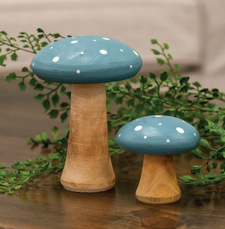 White Dotted Blue Wood Mushrooms - 2 pc Set