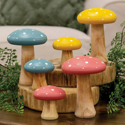 White Dotted Blue Wood Mushrooms - 2 pc Set