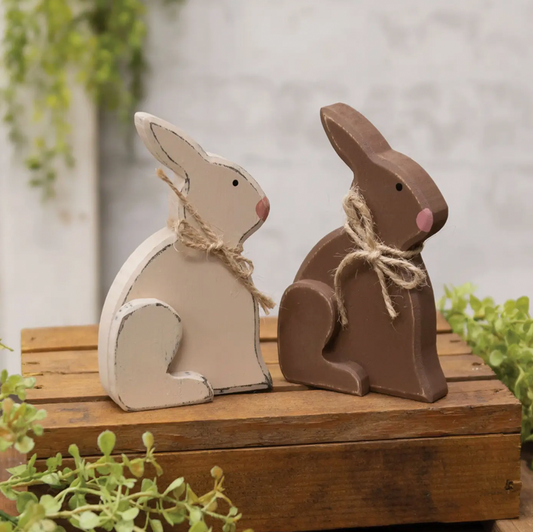 Small Distressed Wooden Chunky Sitting Bunny - 2 pc set