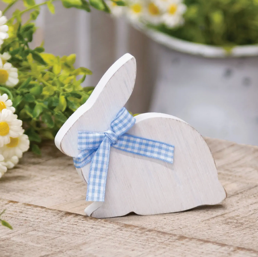 White Bunny Sitter W/Blue & White Buffalo Check Ribbon