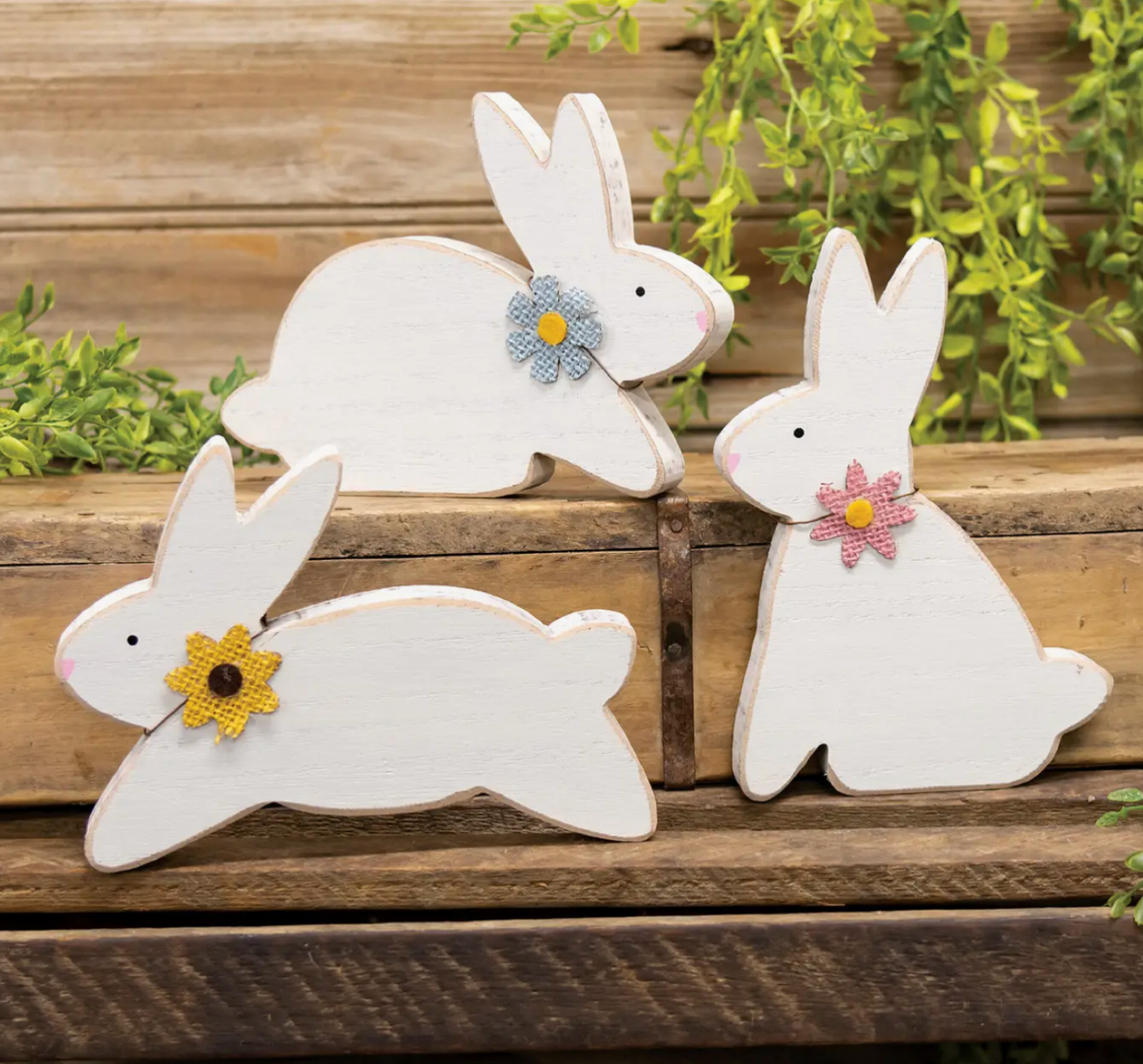 Distressed White Wood Flower Bunny - 3 pc set