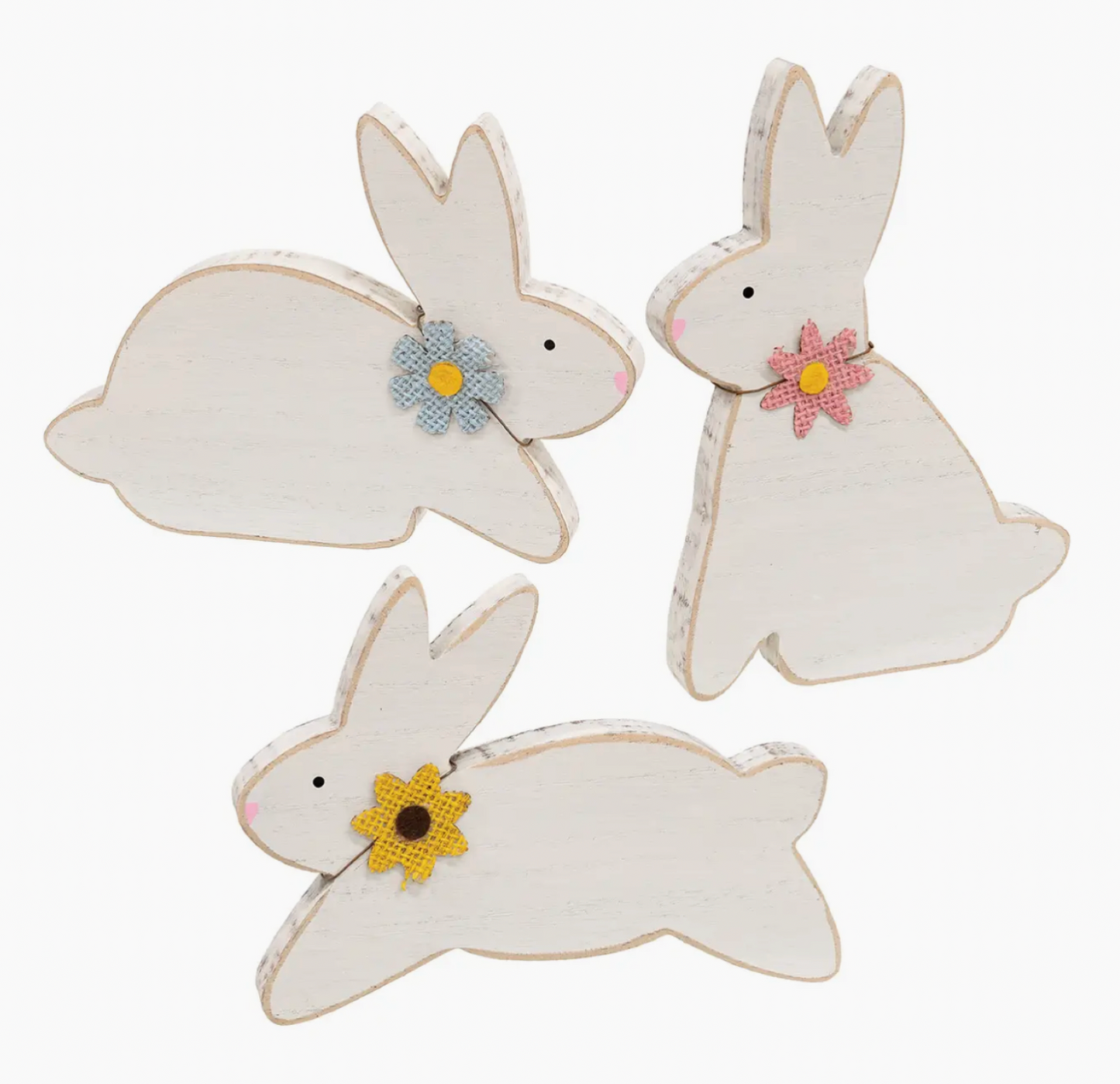 Distressed White Wood Flower Bunny - 3 pc set