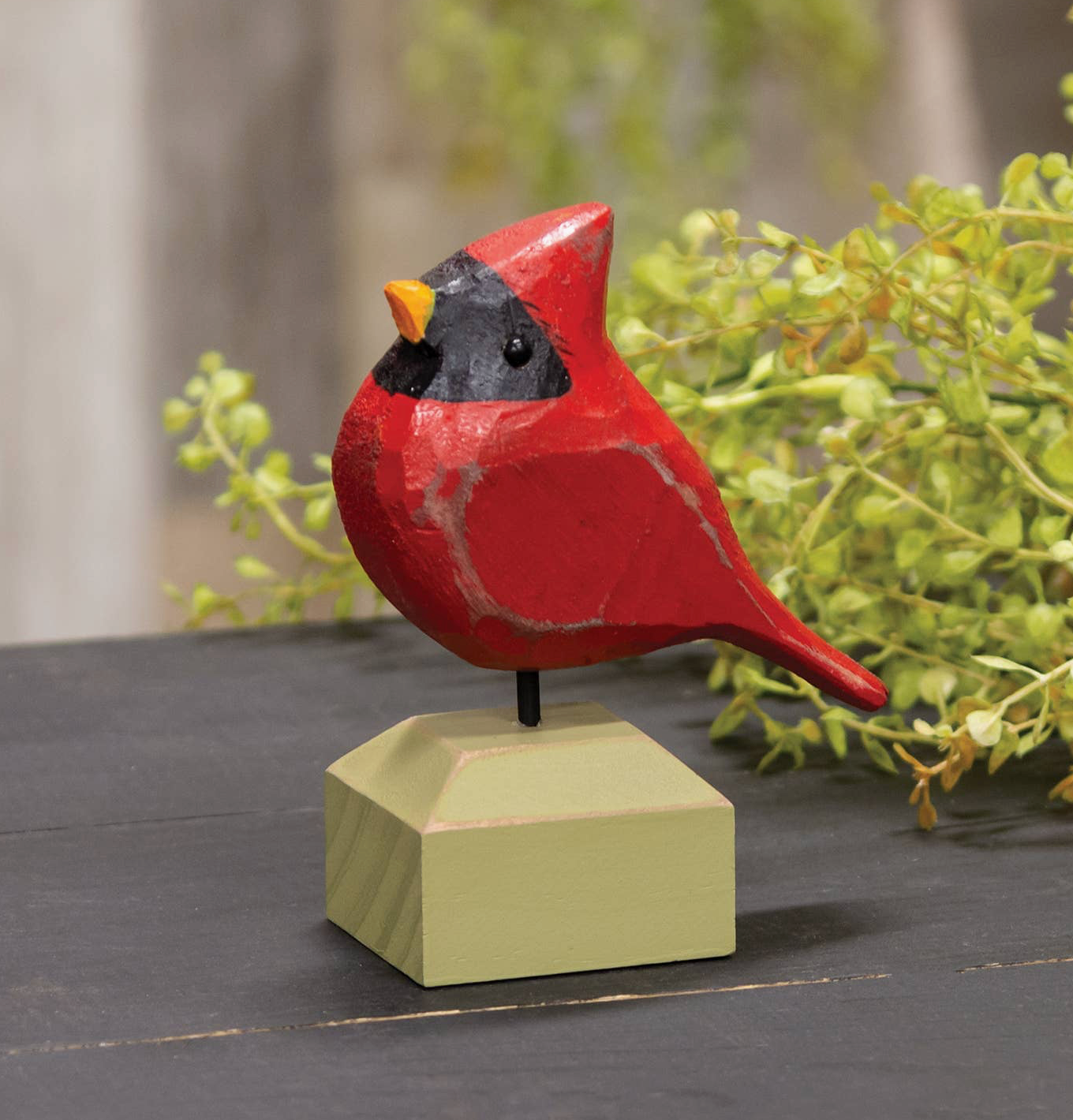 Carved Chunky Wood Male Cardinal On Base