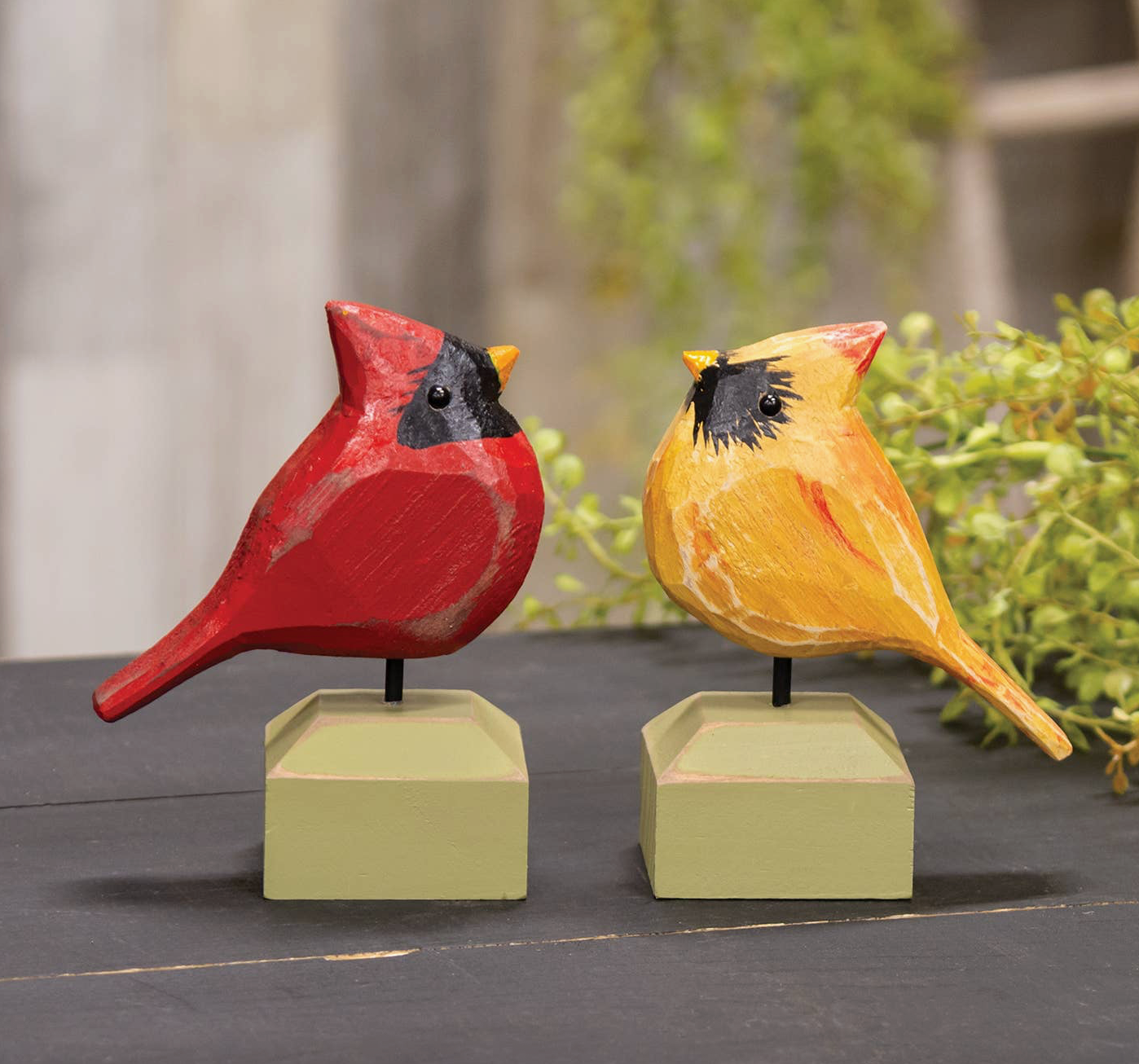 Carved Chunky Wood Male Cardinal On Base