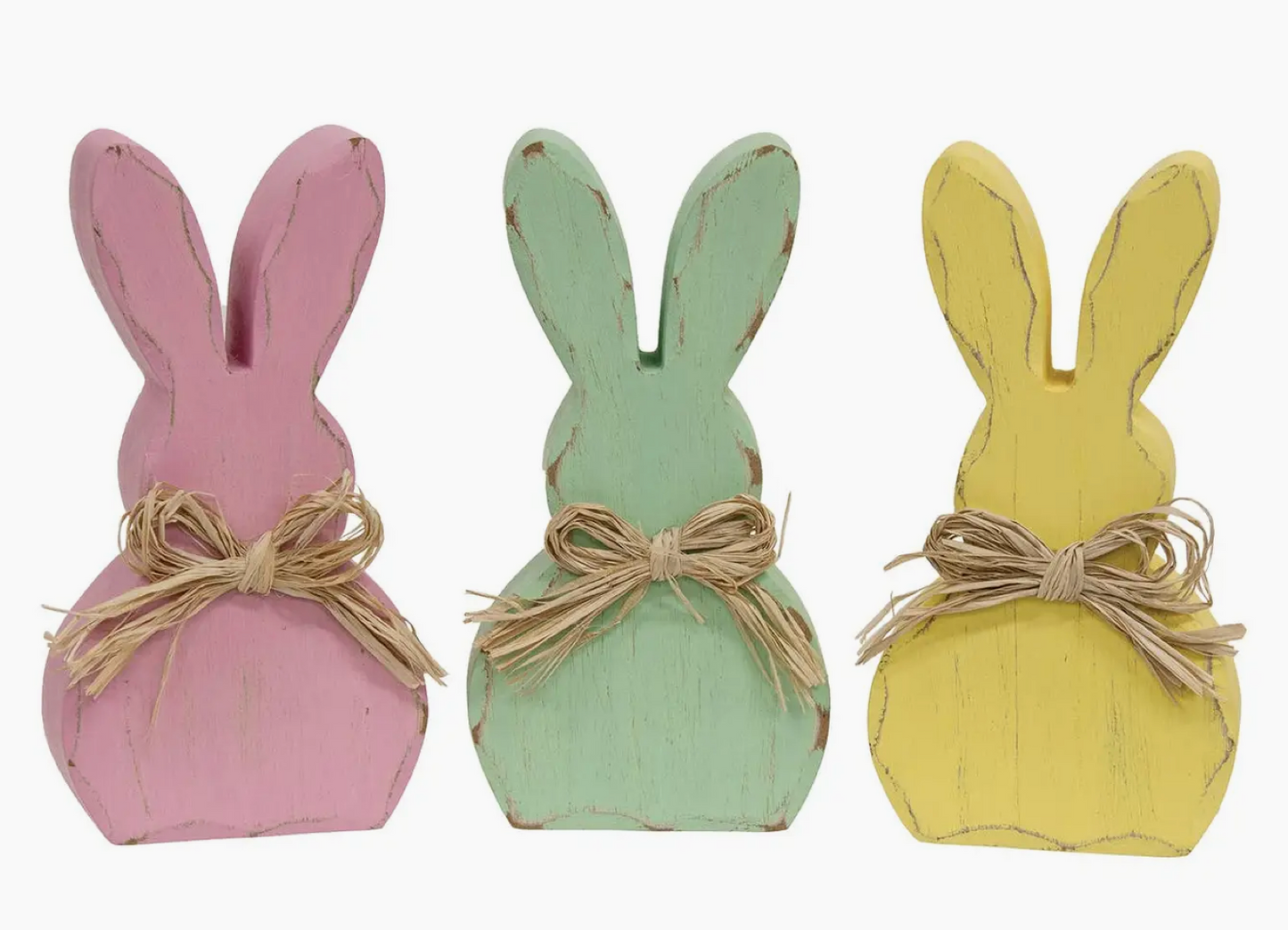 Distressed Wooden Bunny Sitter W/Raffia Bow (sold individually)