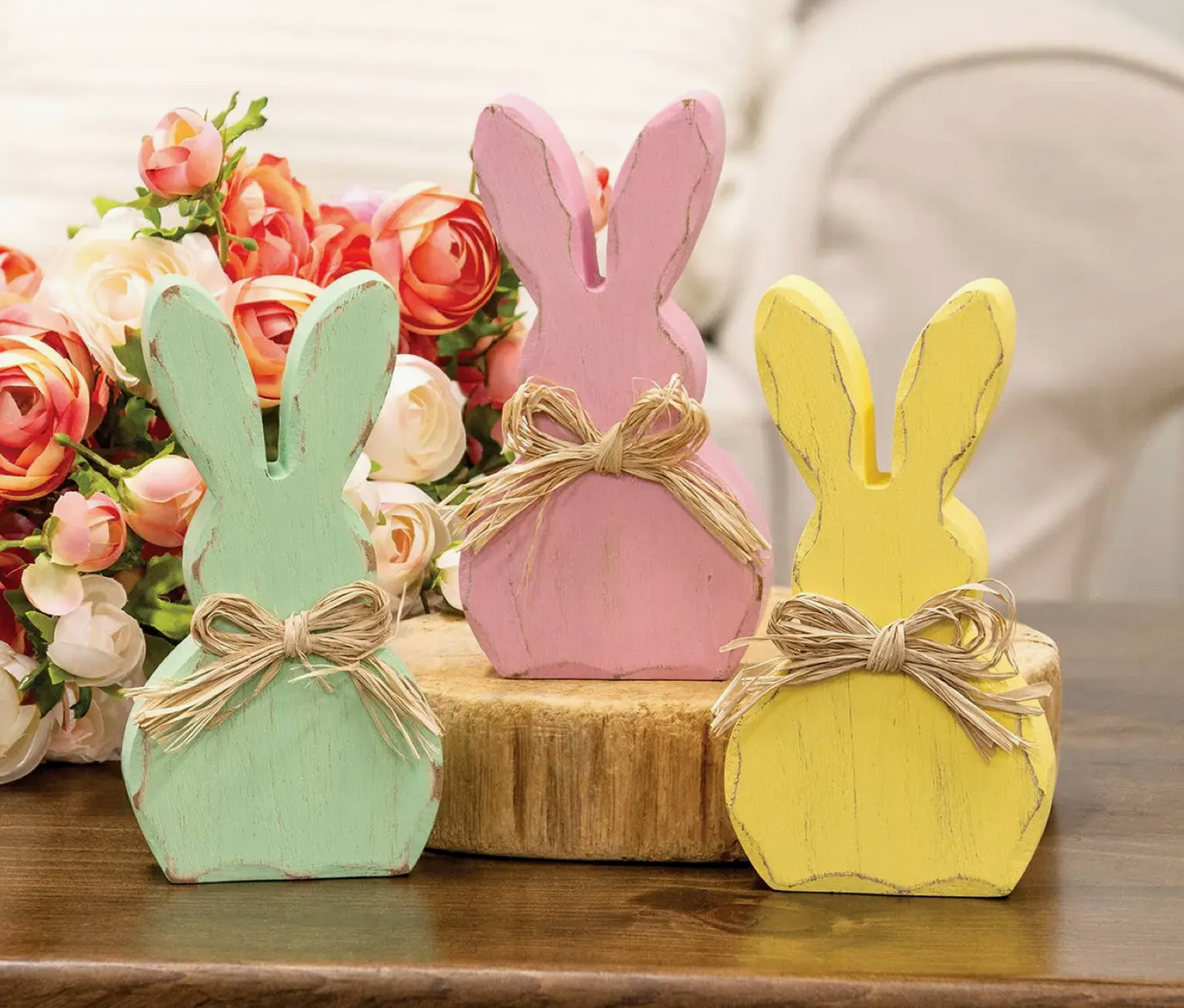 Distressed Wooden Bunny Sitter W/Raffia Bow (sold individually)