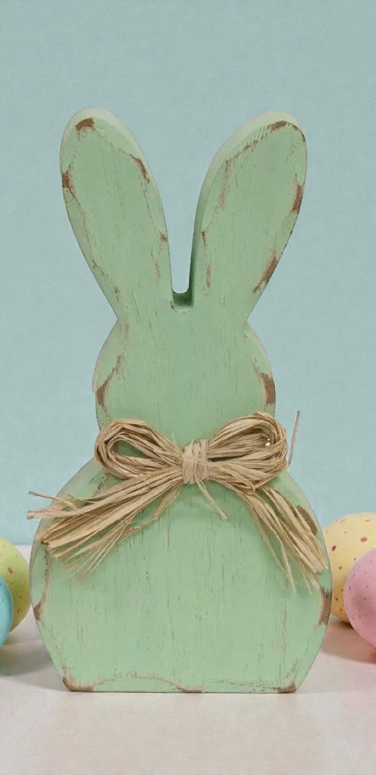 Distressed Wooden Bunny Sitter W/Raffia Bow (sold individually)
