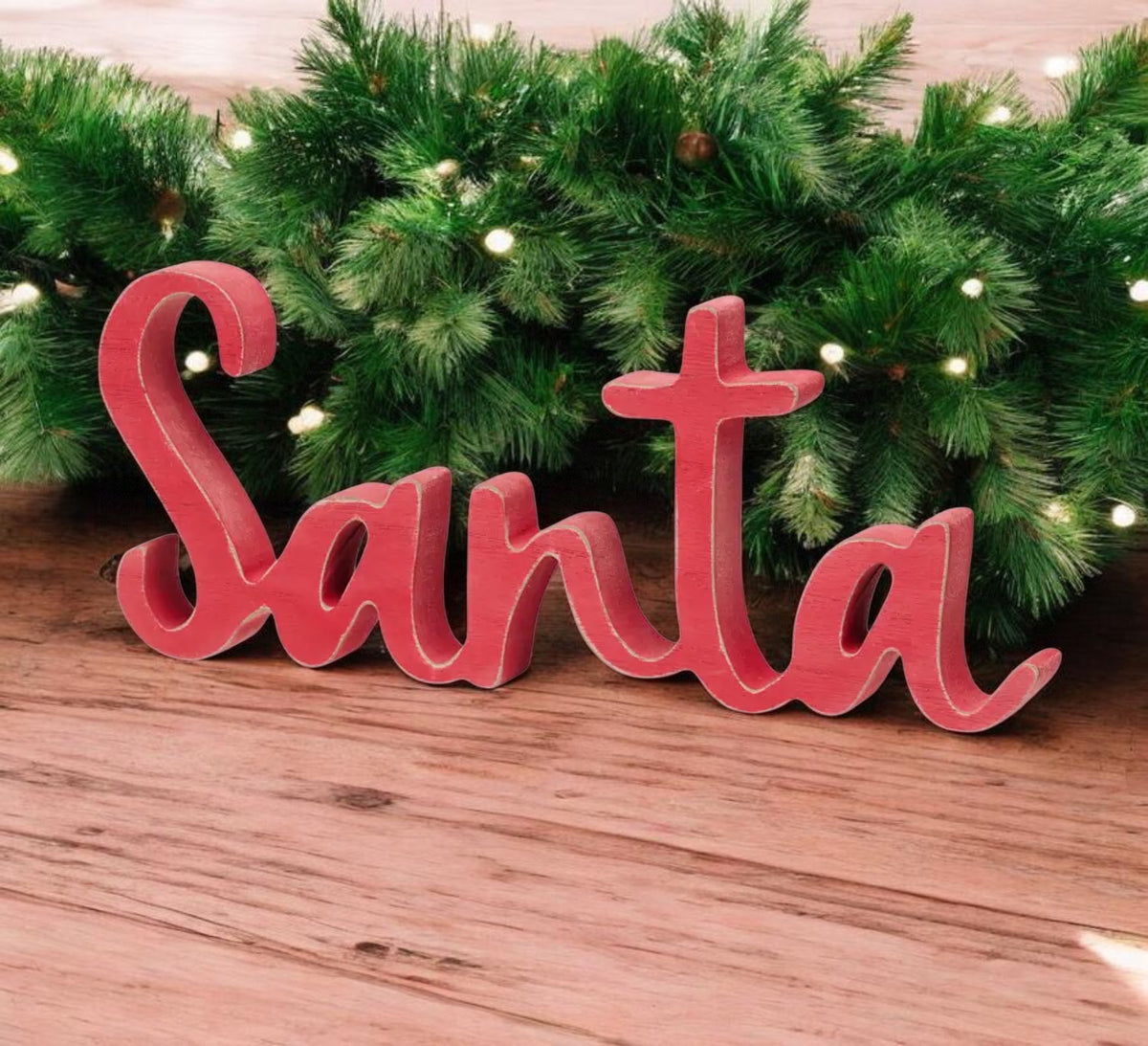 Distressed Wooden Santa Christmas Word Cutout